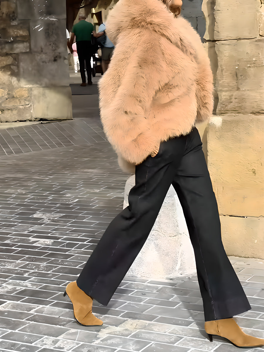 Hooded Collar Faux Fox Fur Coat