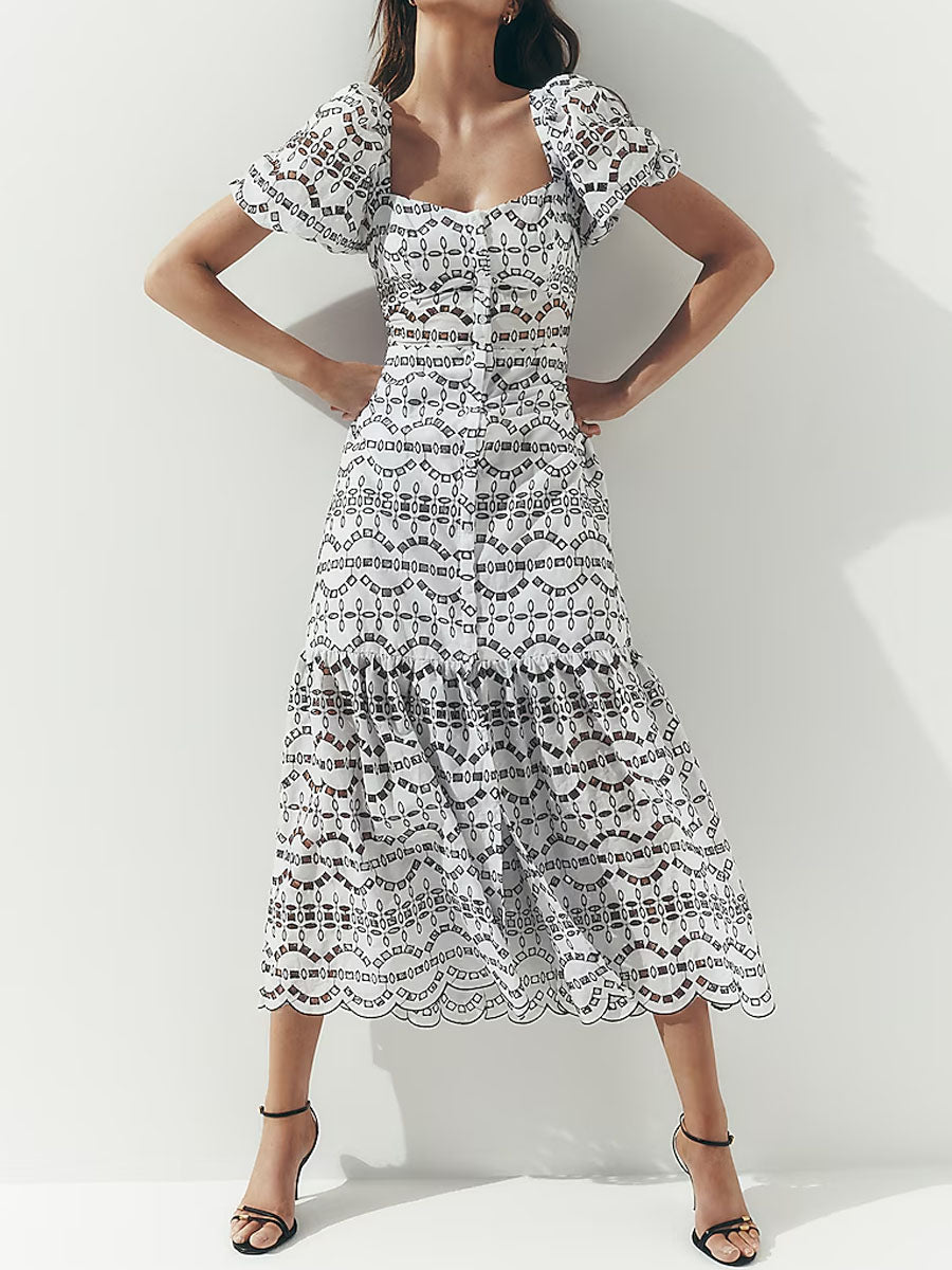 Eyelet Puff Sleeve Button Front Tiered Maxi Dress