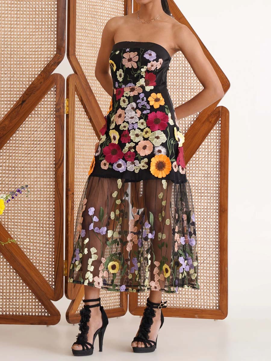 3D Floral Strapless Maxi Dress