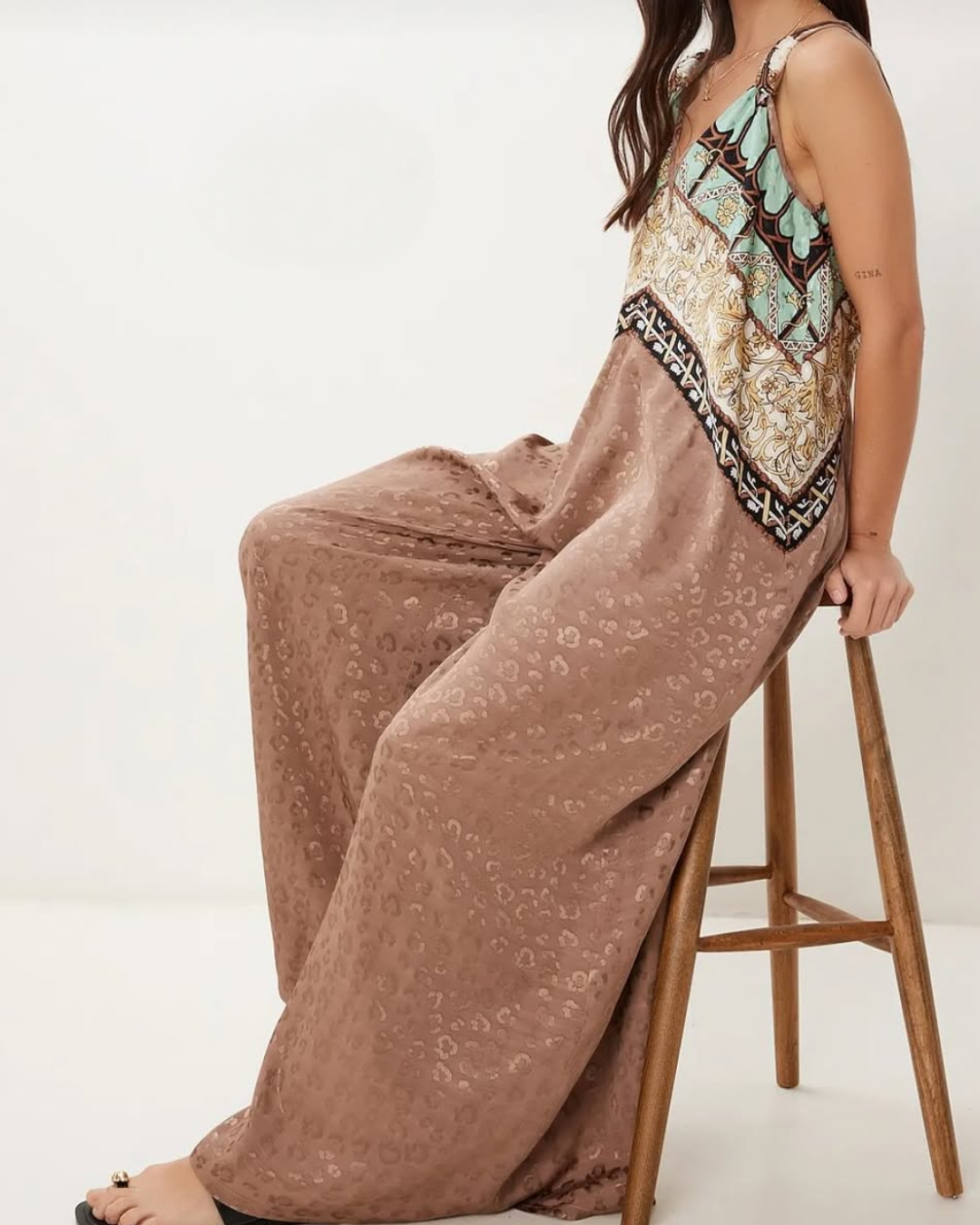 Silk Texture Ethnic Pattern V-Back Slit Jumpsuit