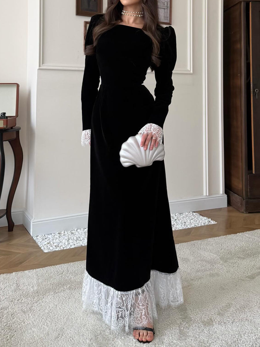 Elegant Lace Patchwork Velvet Back Strap Maxi Dress