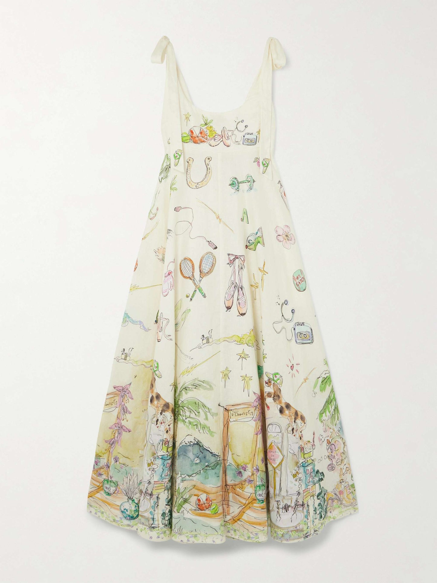 Tie-detailed printed pleated linen dress