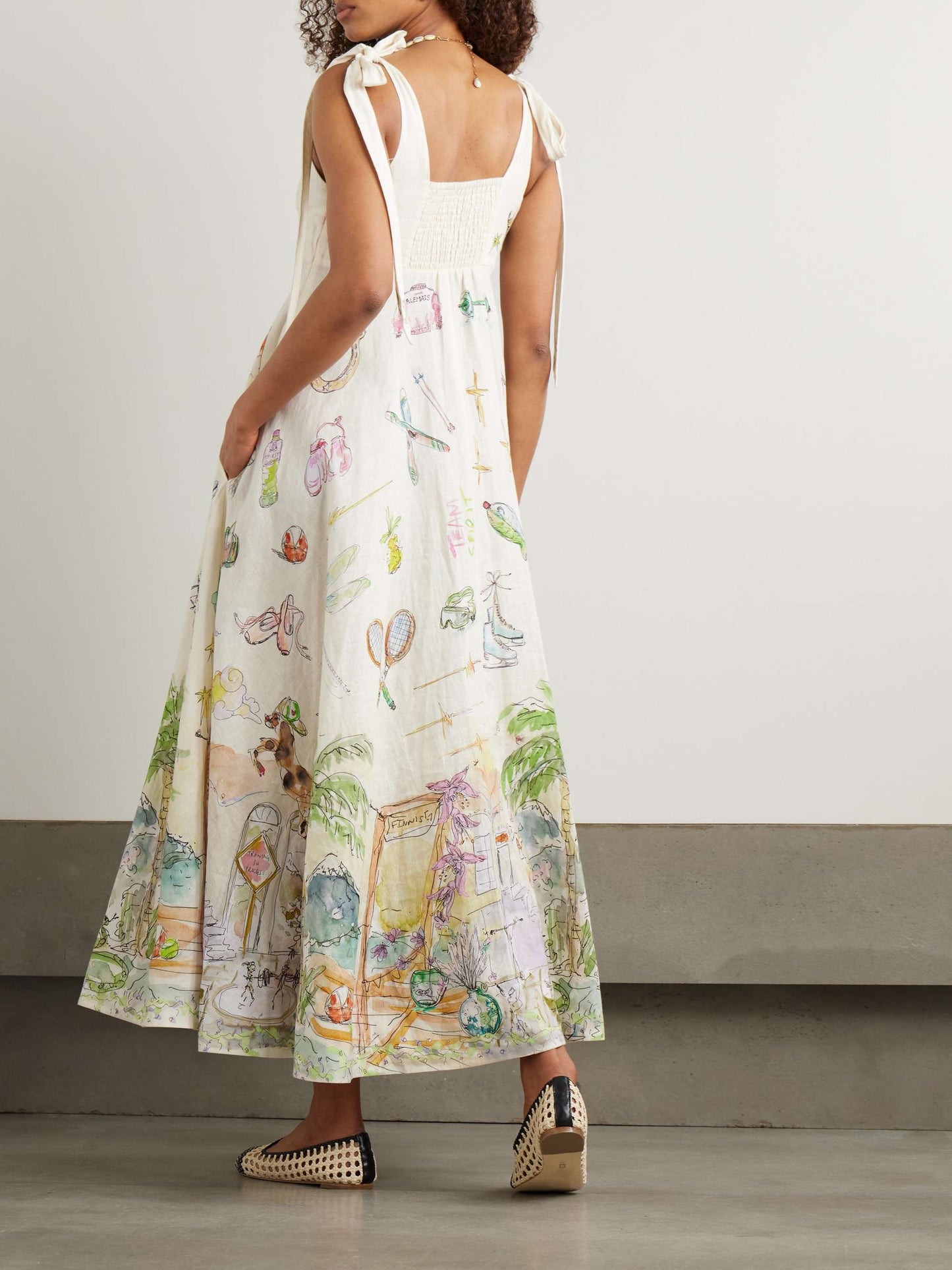 Tie-detailed printed pleated linen dress