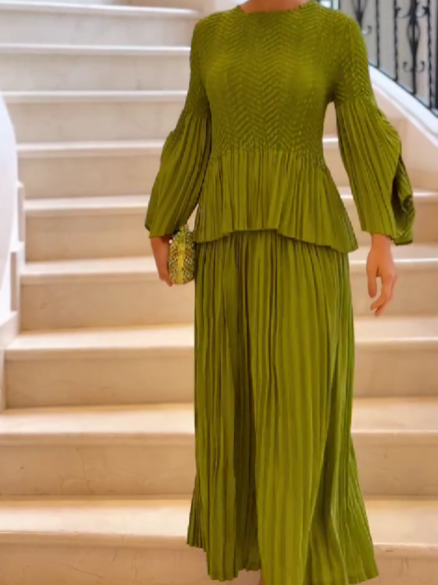 Pleated Stretchy Fabric Pants Set