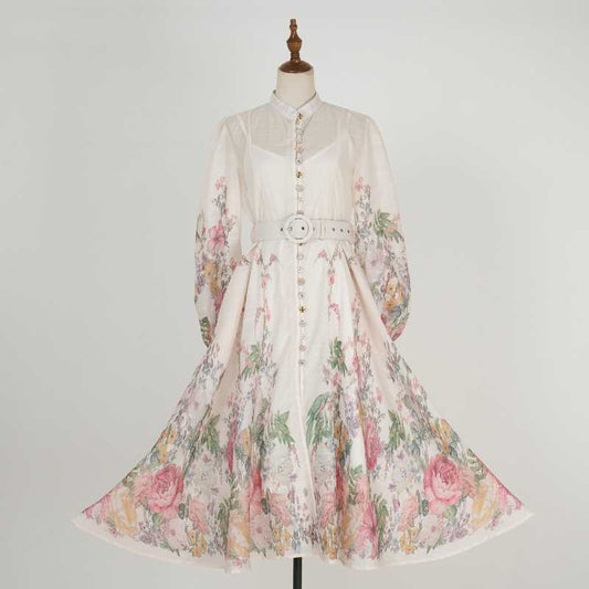 Stand collar pattern button design long dress