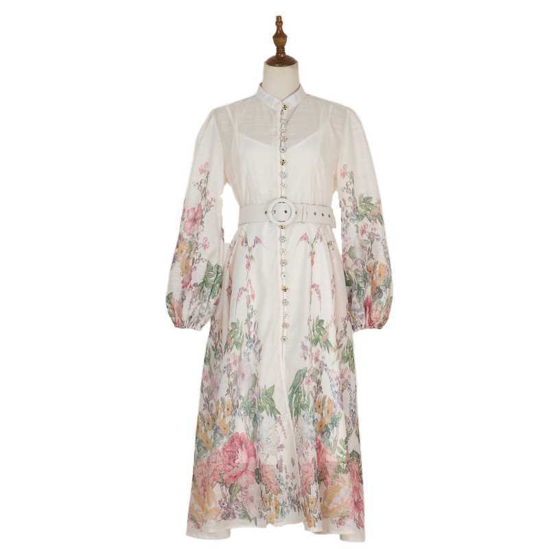 Stand collar pattern button design long dress