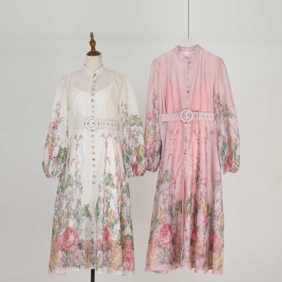 Stand collar pattern button design long dress