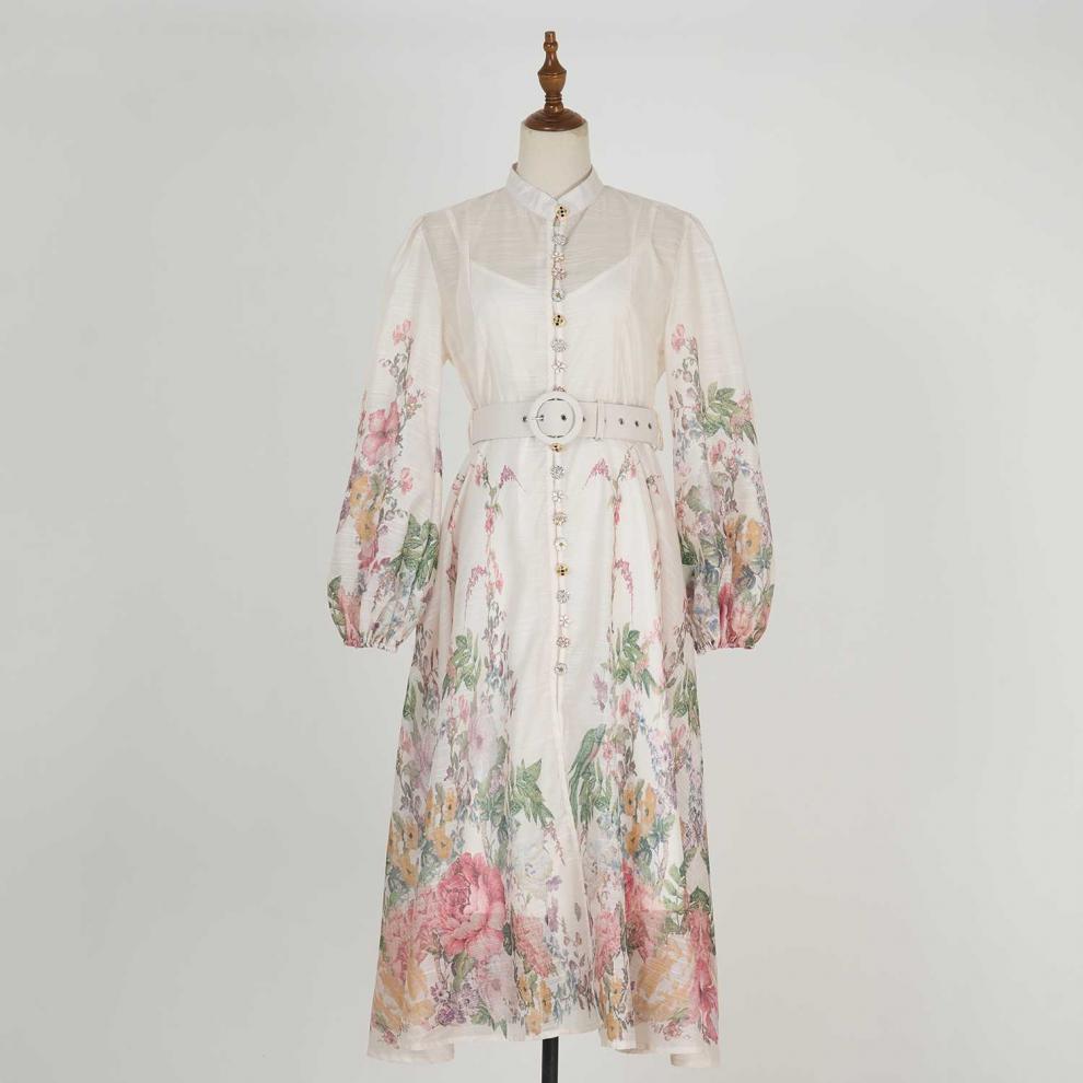 Stand collar pattern button design long dress