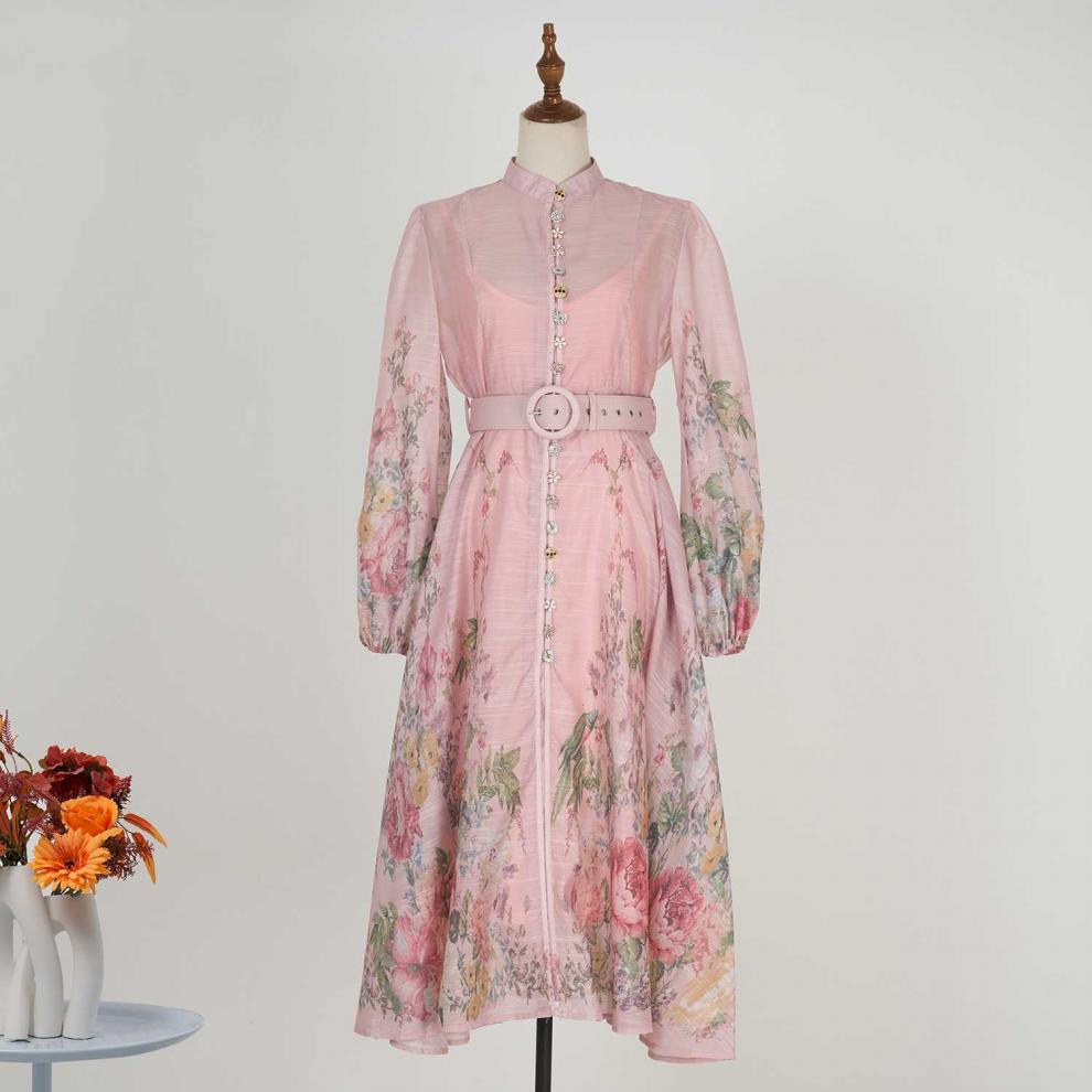 Stand collar pattern button design long dress
