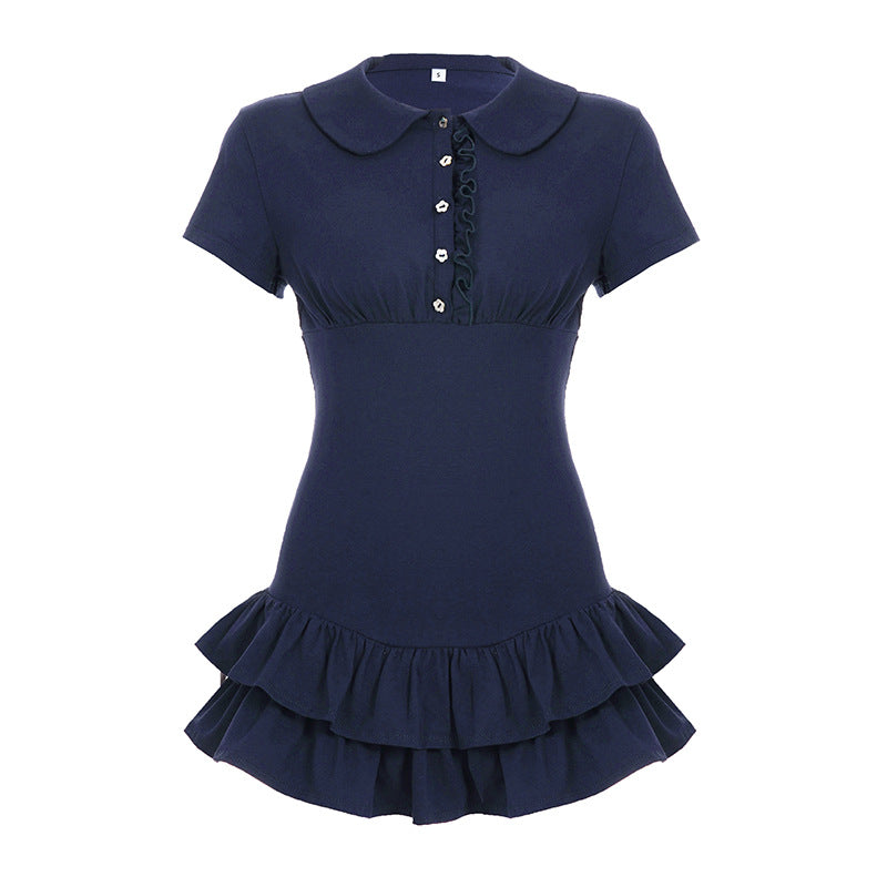 Women's ruffled short skirt buttoned pleated dress