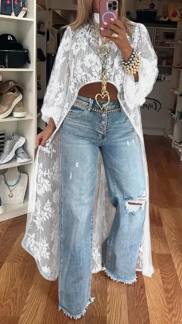 Lace Floral Short Front Long Back Sheer Top