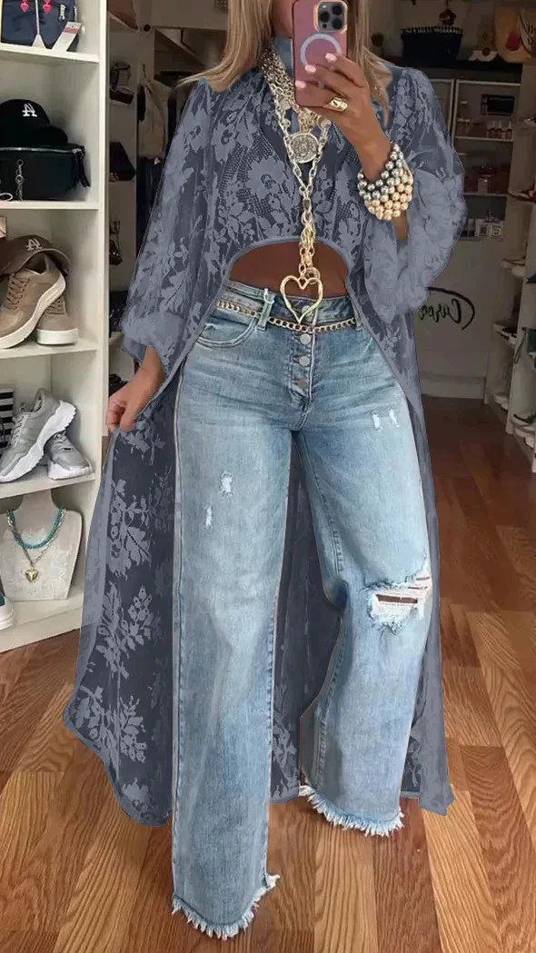 Lace Floral Short Front Long Back Sheer Top