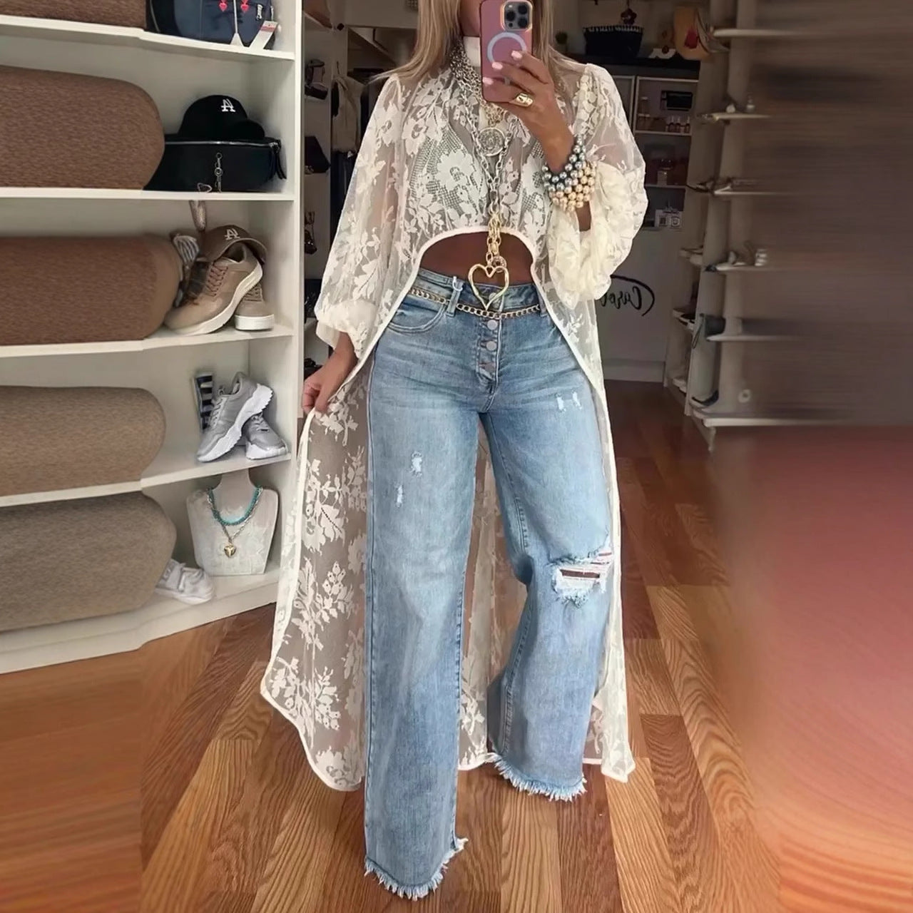 Lace Floral Short Front Long Back Sheer Top