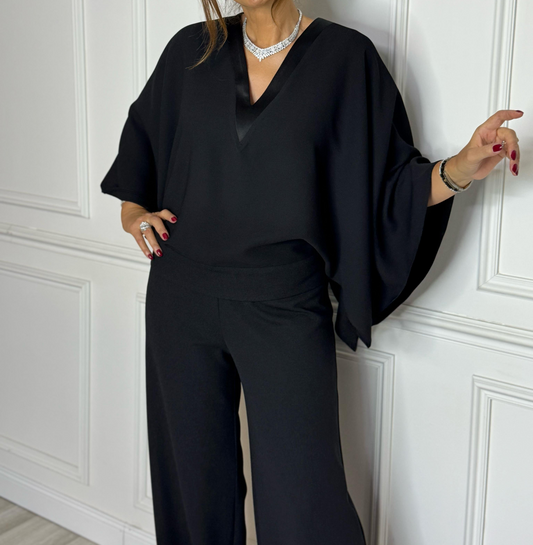 V-neck Lycra and black crepe evening jumpsuit