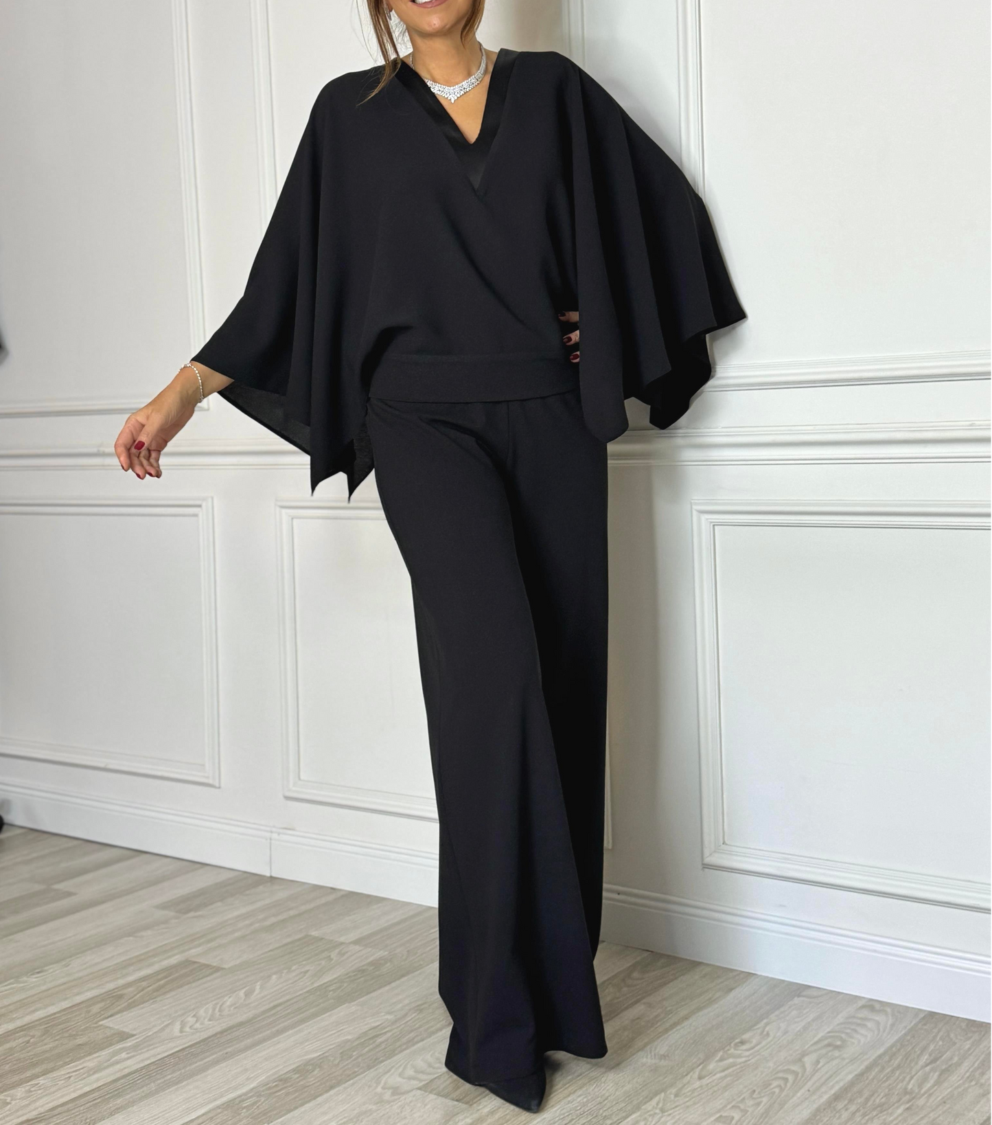 V-neck Lycra and black crepe evening jumpsuit