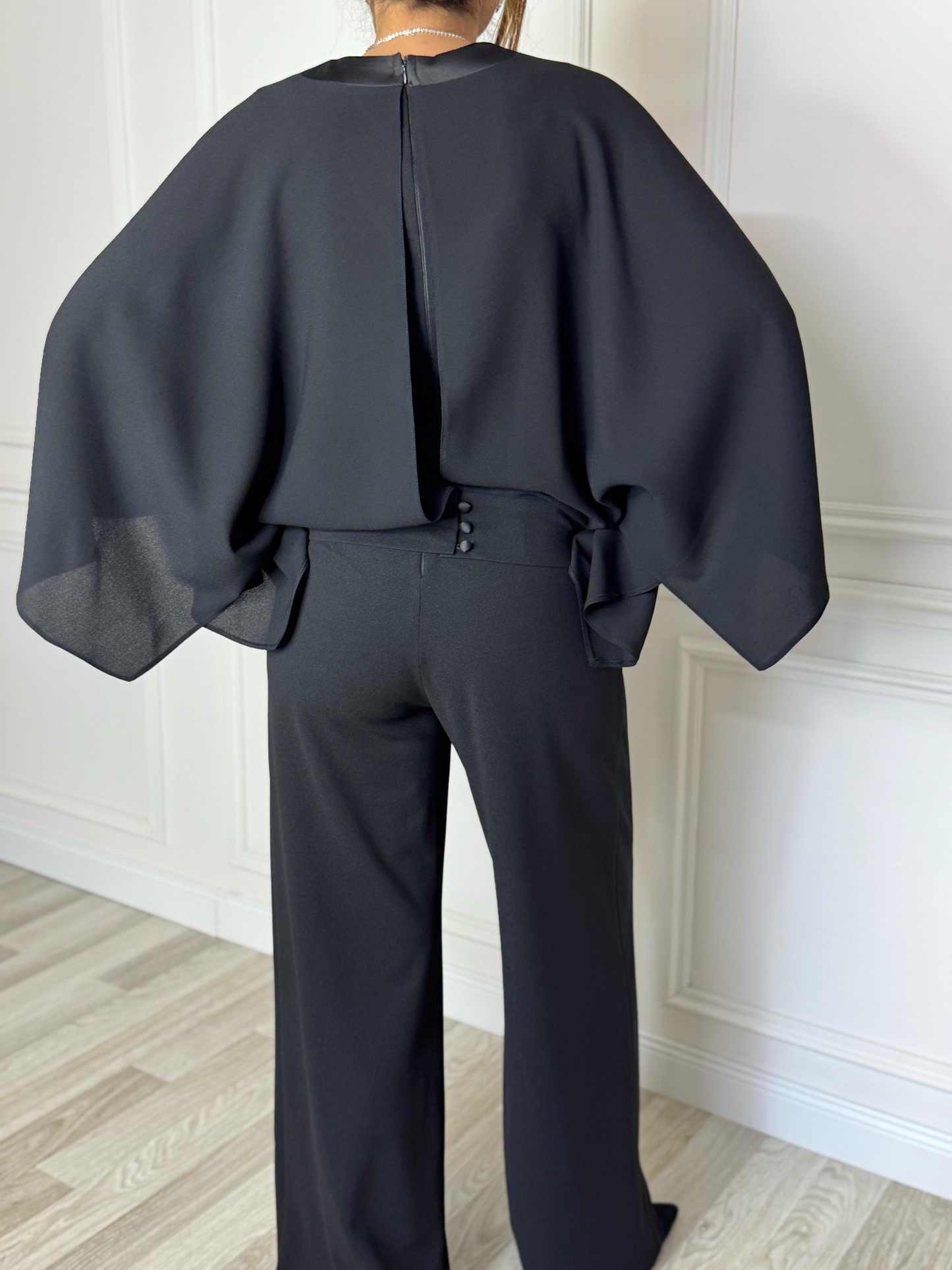 V-neck Lycra and black crepe evening jumpsuit