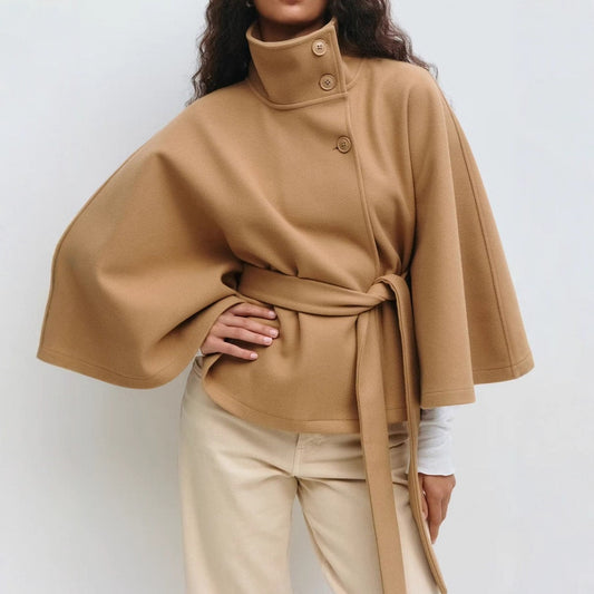 Solid color cape stand collar button belt trench coat