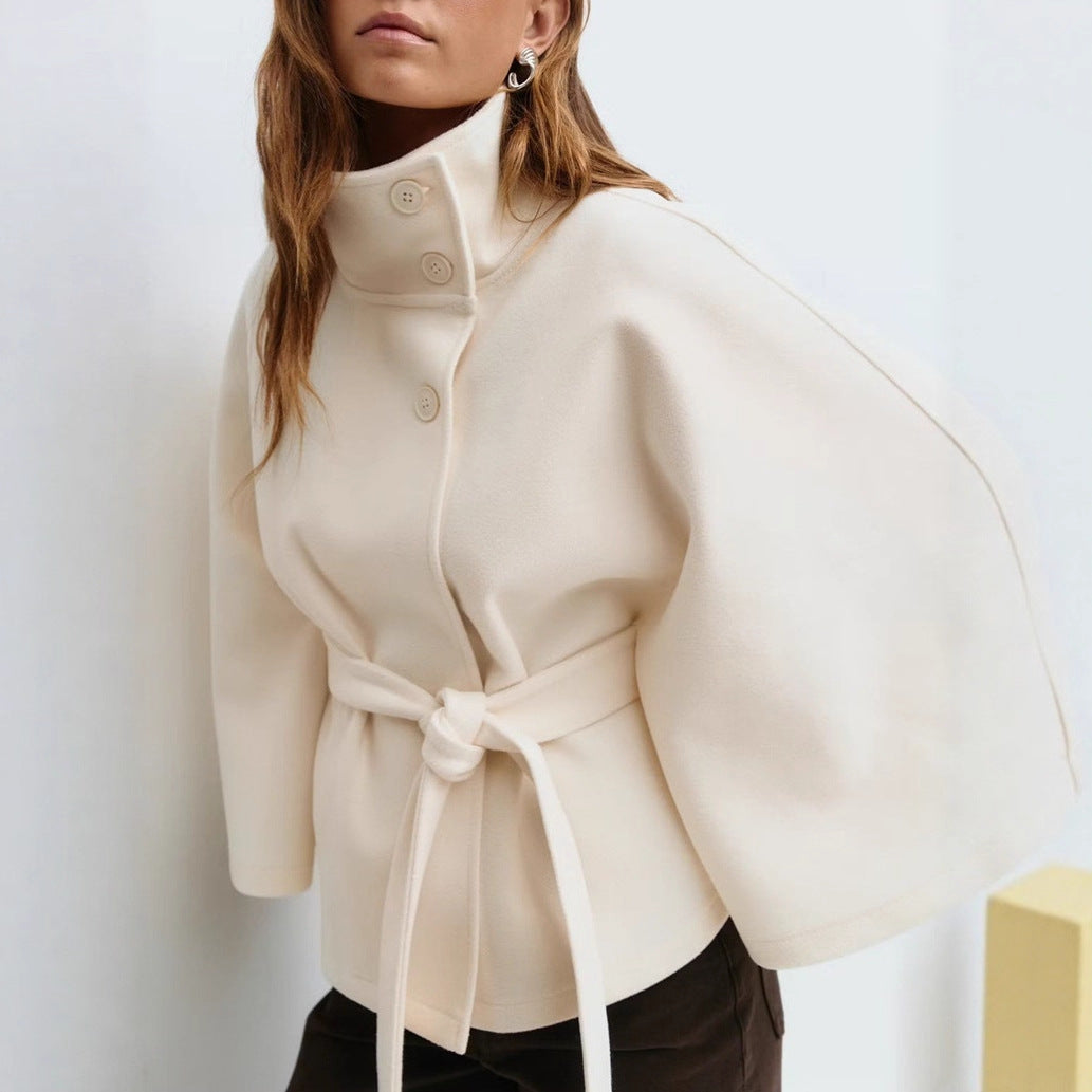 Solid color cape stand collar button belt trench coat
