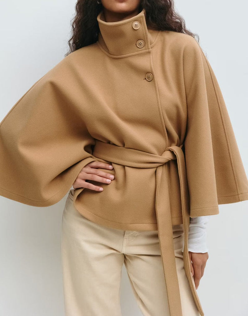 Solid color cape stand collar button belt trench coat