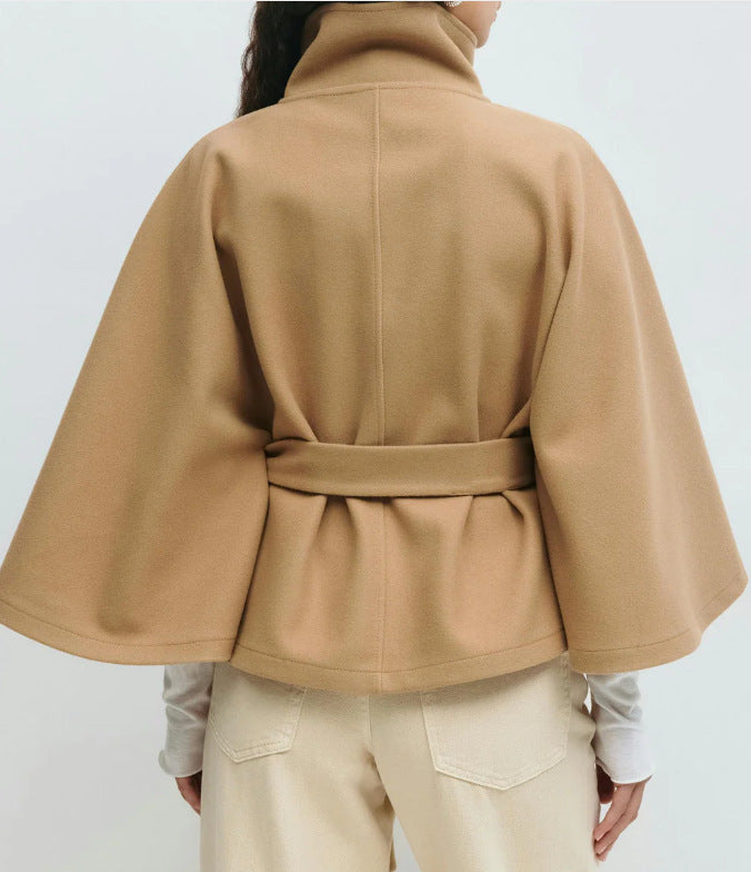 Solid color cape stand collar button belt trench coat