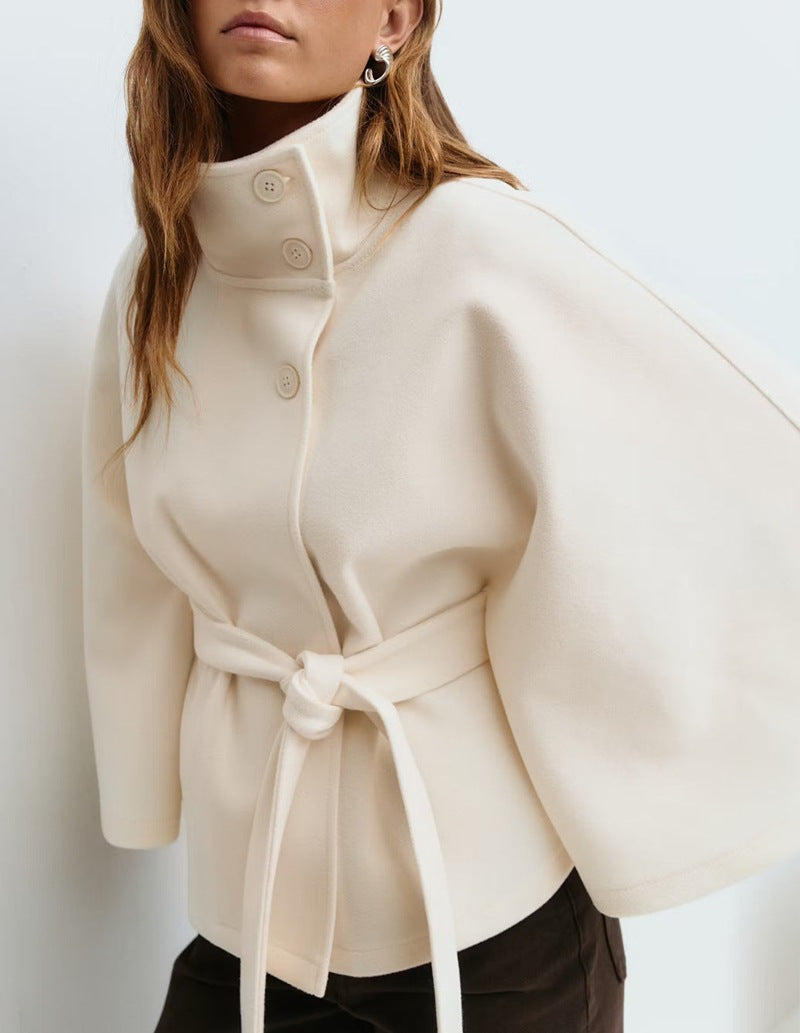 Solid color cape stand collar button belt trench coat
