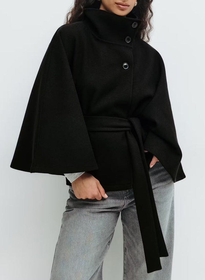 Solid color cape stand collar button belt trench coat