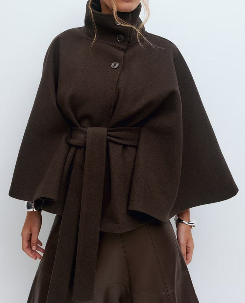 Solid color cape stand collar button belt trench coat