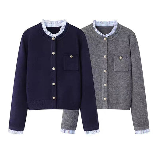 Women's knitted cardigan pleated lace collar sweater jacket