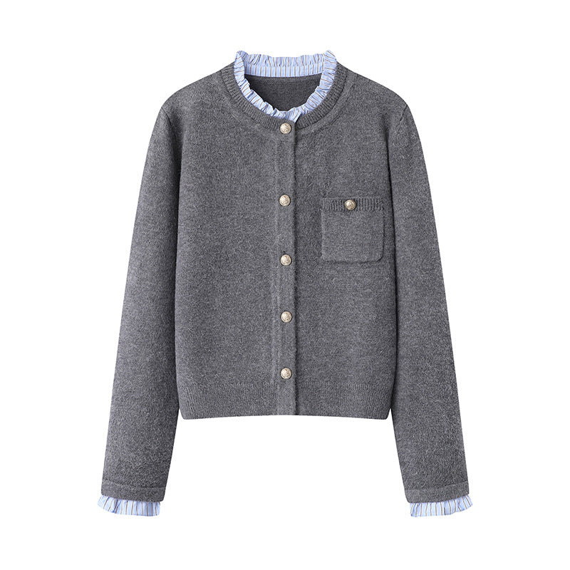 Women's knitted cardigan pleated lace collar sweater jacket
