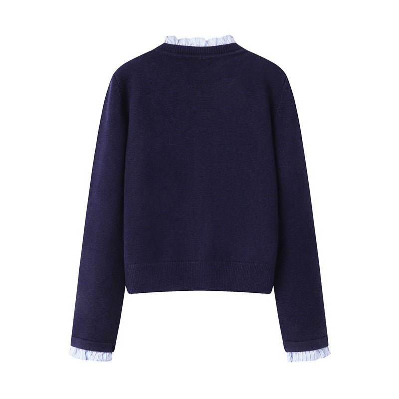 Women's knitted cardigan pleated lace collar sweater jacket