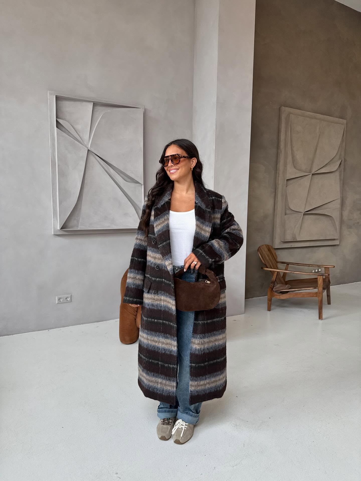 Contrast striped woolen coat