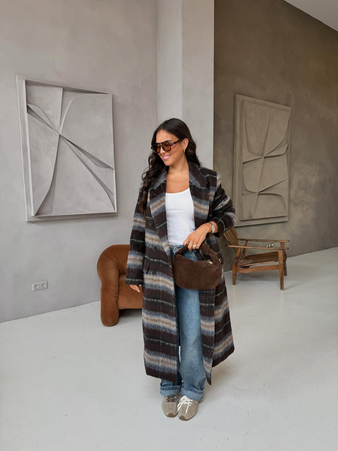 Contrast striped woolen coat