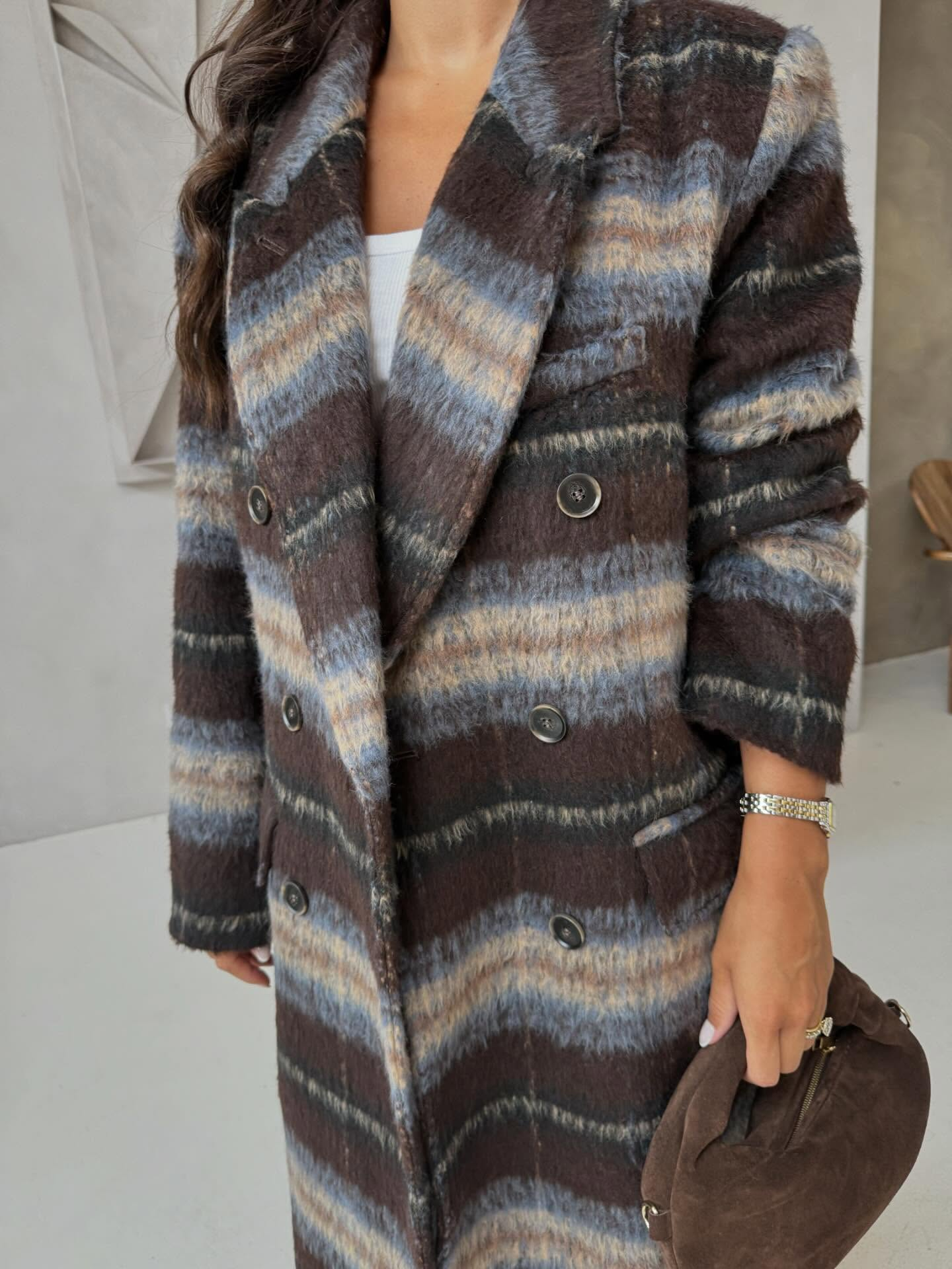 Contrast striped woolen coat