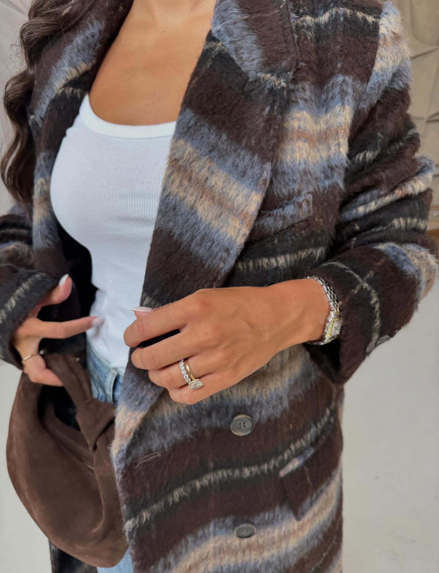Contrast striped woolen coat