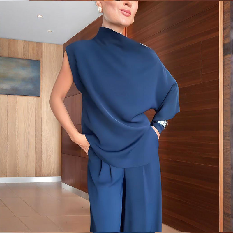 Solid color long-sleeved asymmetrical collar top and straight-leg pants set