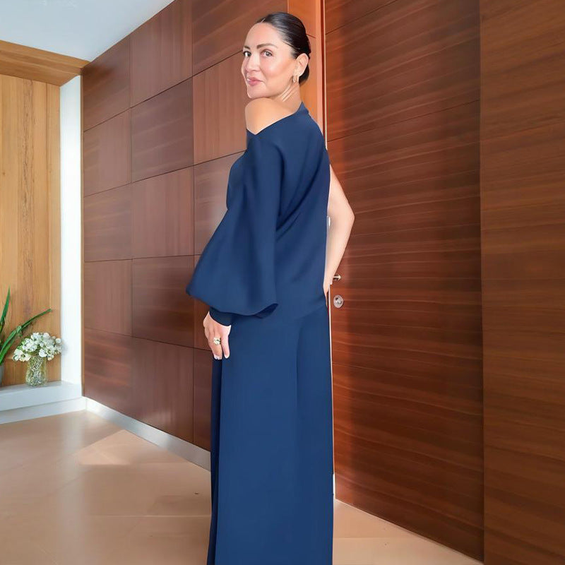 Solid color long-sleeved asymmetrical collar top and straight-leg pants set