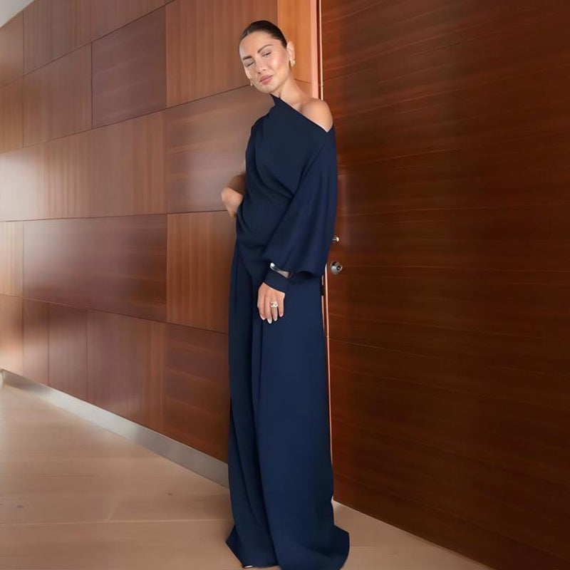 Solid color long-sleeved asymmetrical collar top and straight-leg pants set