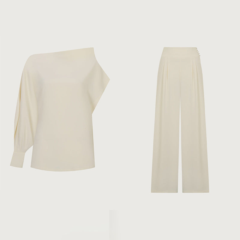 Solid color long-sleeved asymmetrical collar top and straight-leg pants set