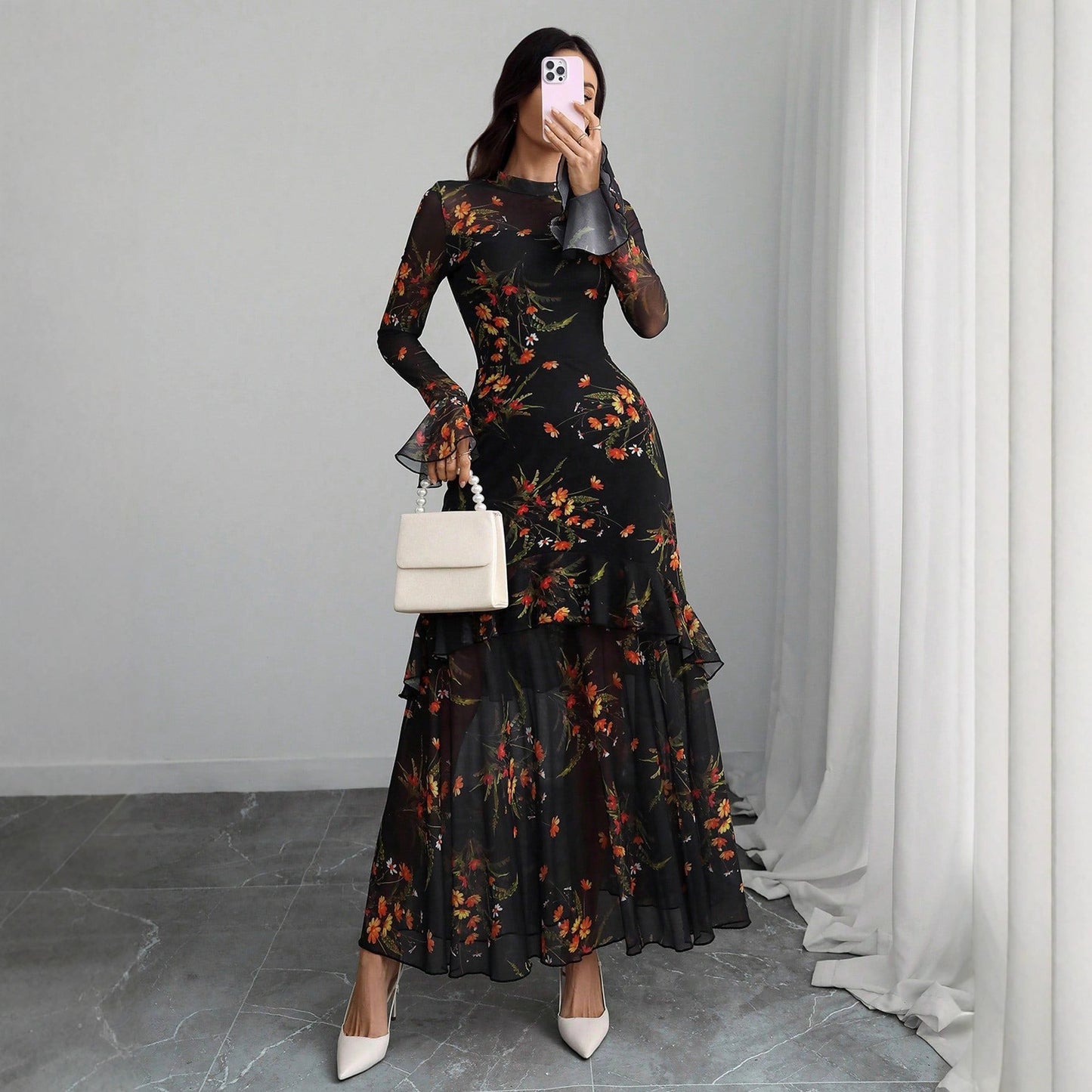 Lotus leaf sleeve floral print dress