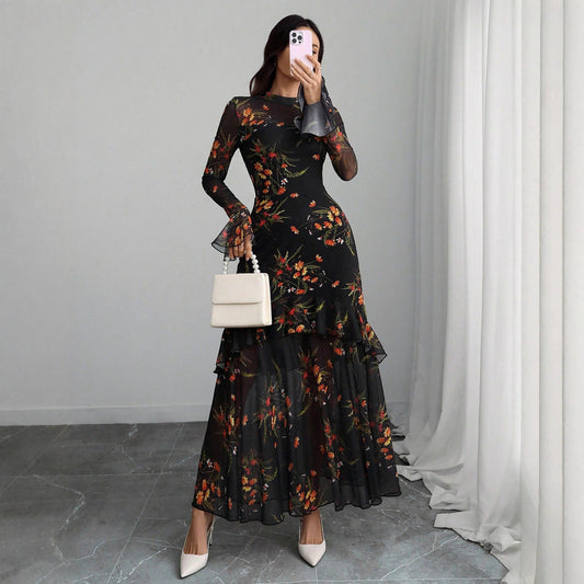 Lotus leaf sleeve floral print dress