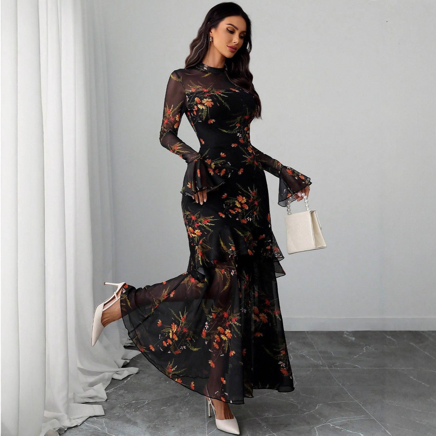 Lotus leaf sleeve floral print dress