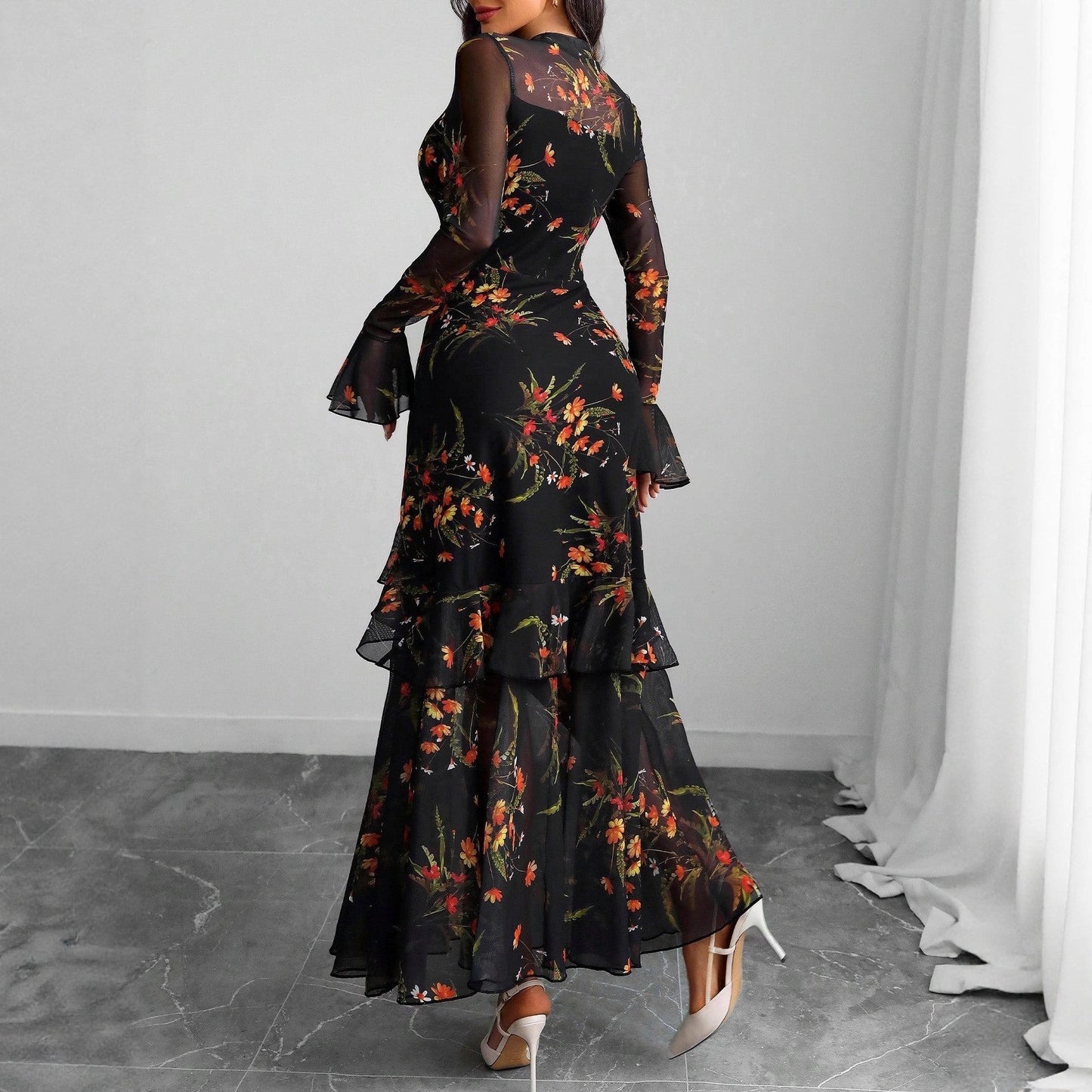 Lotus leaf sleeve floral print dress