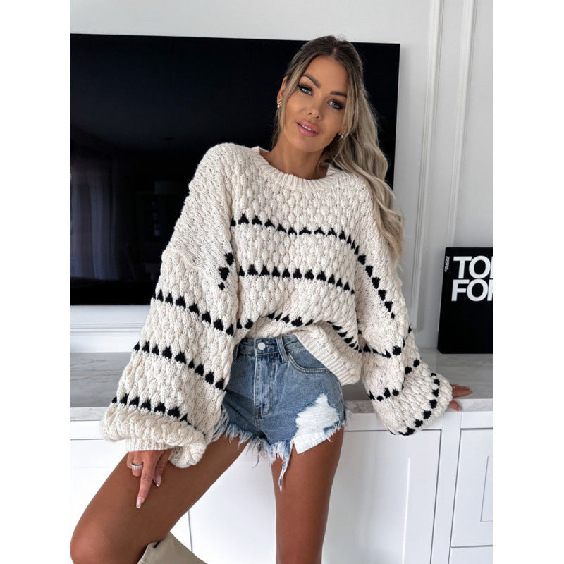 Chunky knit loose plus size cable stripe crew neck pullover