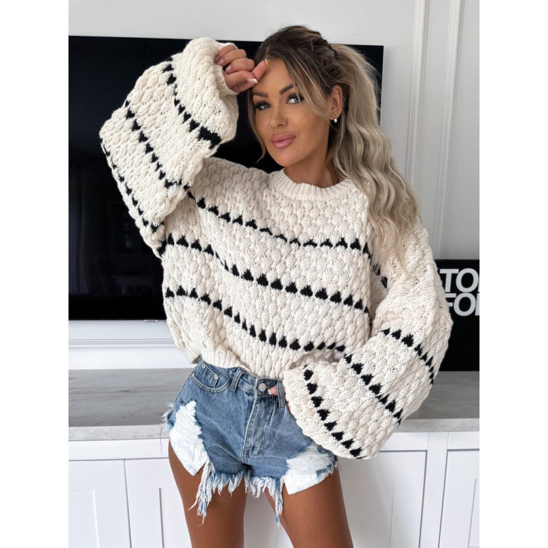 Chunky knit loose plus size cable stripe crew neck pullover