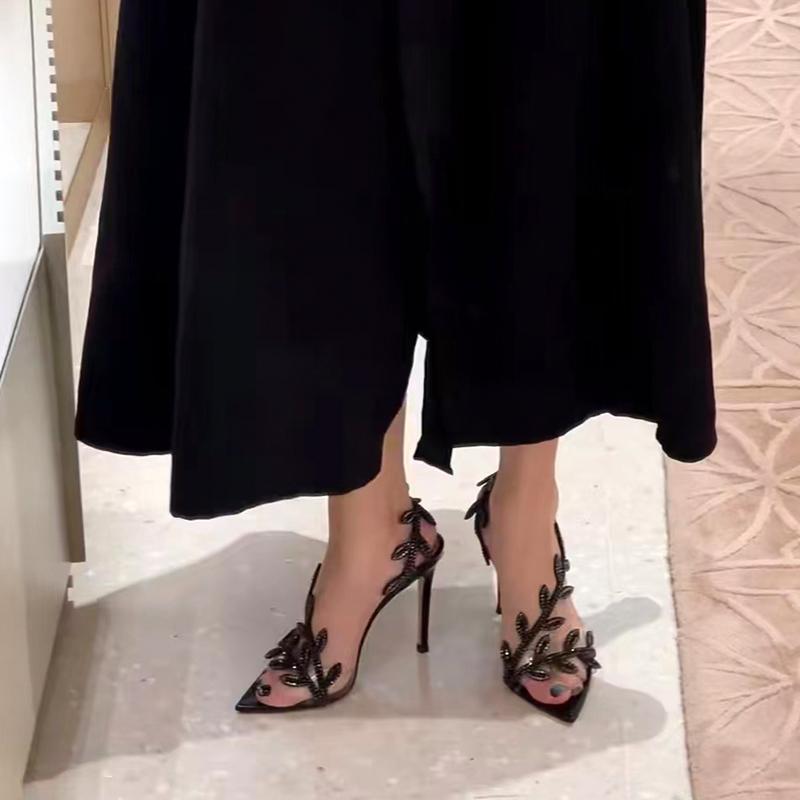 Black rhinestone leaf high heels