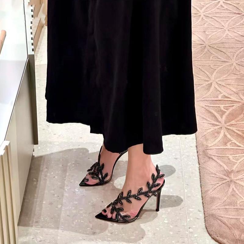 Black rhinestone leaf high heels