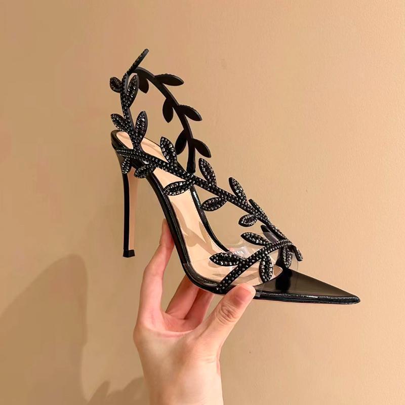 Black rhinestone leaf high heels