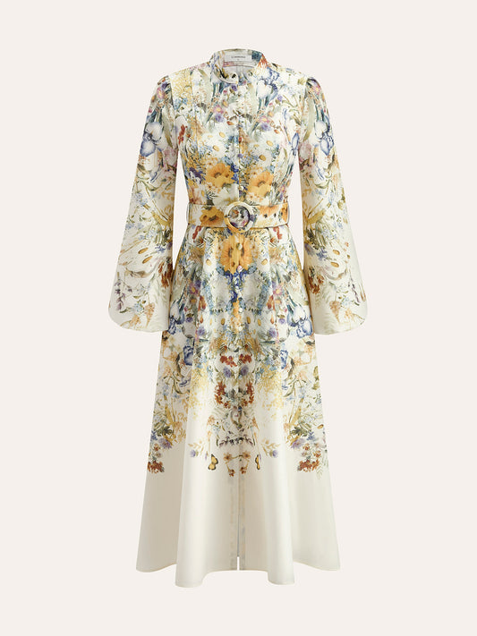 Stand collar single breasted printed dress