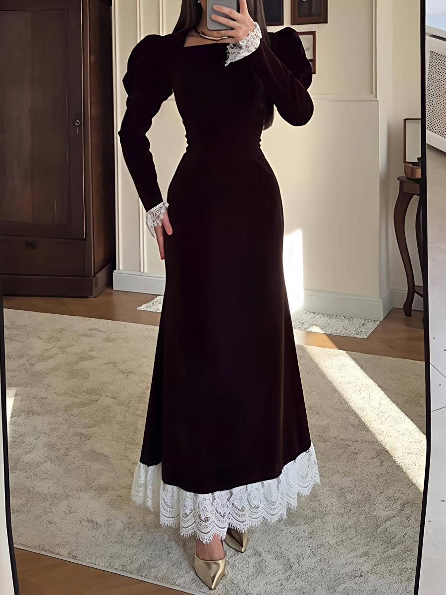 Elegant Lace Patchwork Velvet Back Strap Maxi Dress