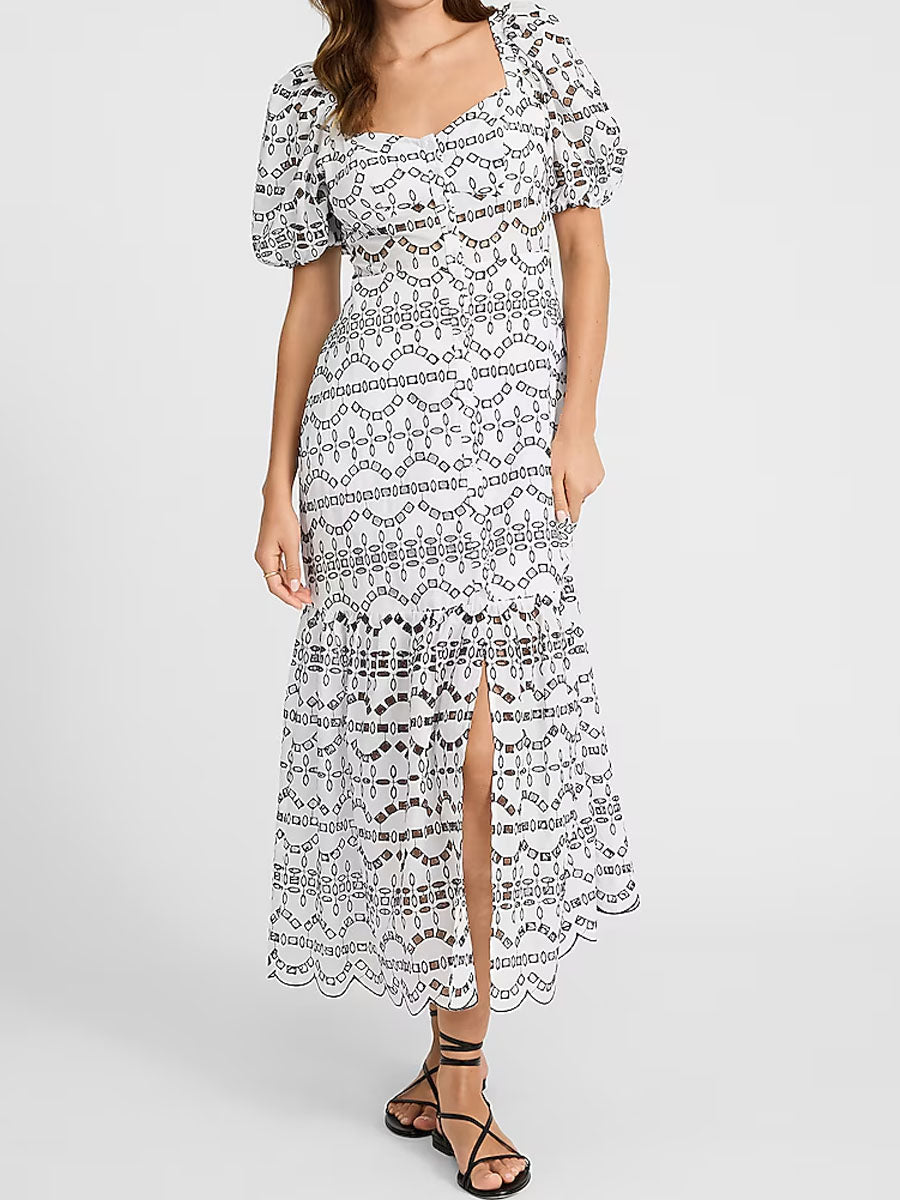 Eyelet Puff Sleeve Button Front Tiered Maxi Dress